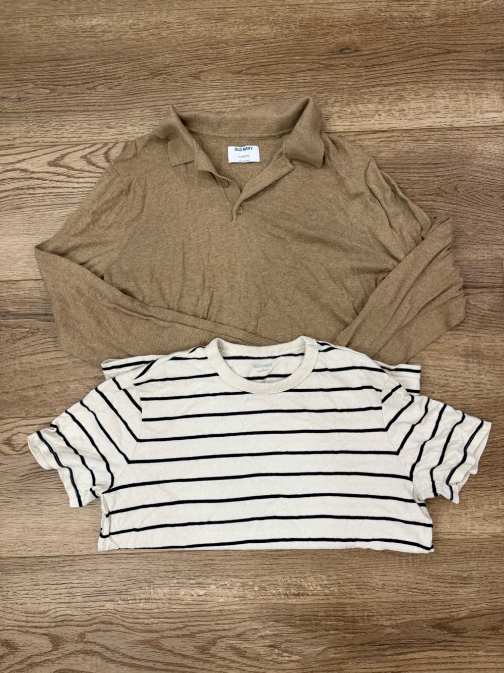 Old Navy Men’s Tan V‑Neck Sweater with White & Black Striped Tee